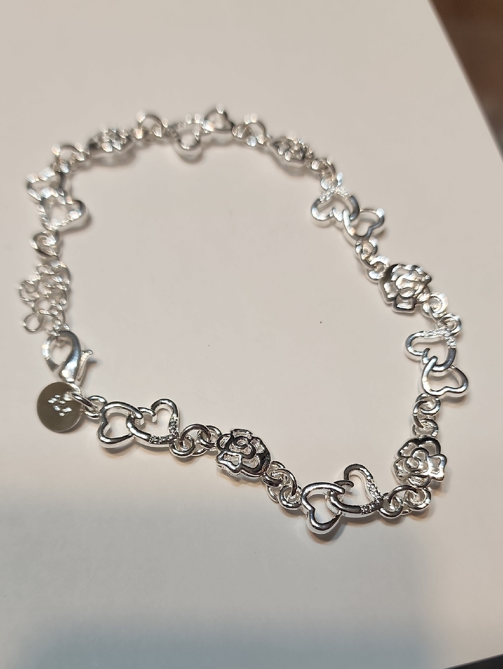 1pc 925 Sterling Silver 8in Charms Heart & Rose/flower Link Bracelet For Women. - Picture 9 of 12